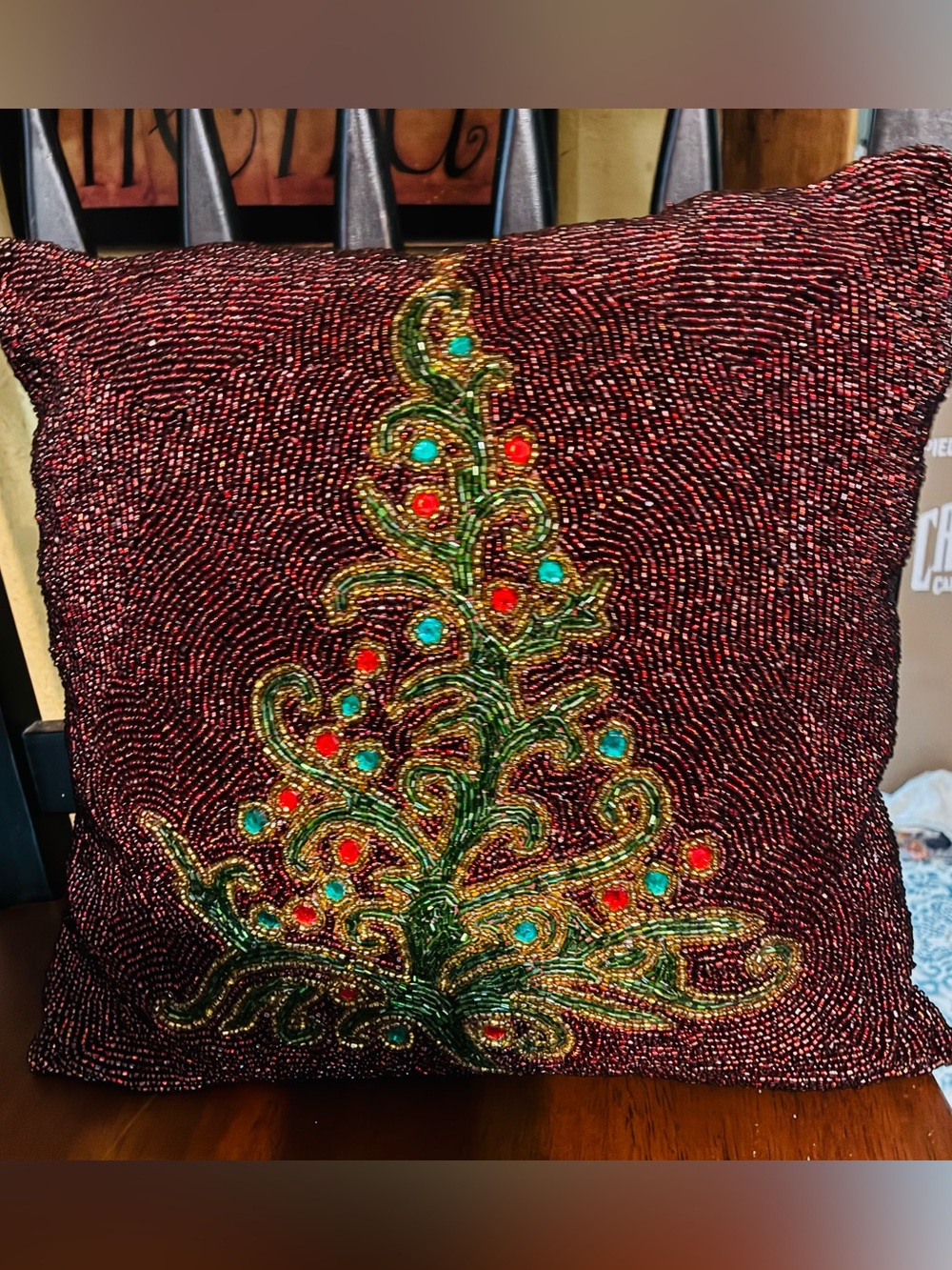 Cynthia Rowley Red Beaded Christmas Pillow with Green Embellished Tree